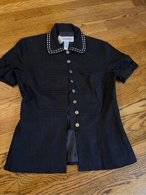 Vintage Jessica Howard Linen Blend Short Sleeve Blazer Shirt Top Black Womens 6